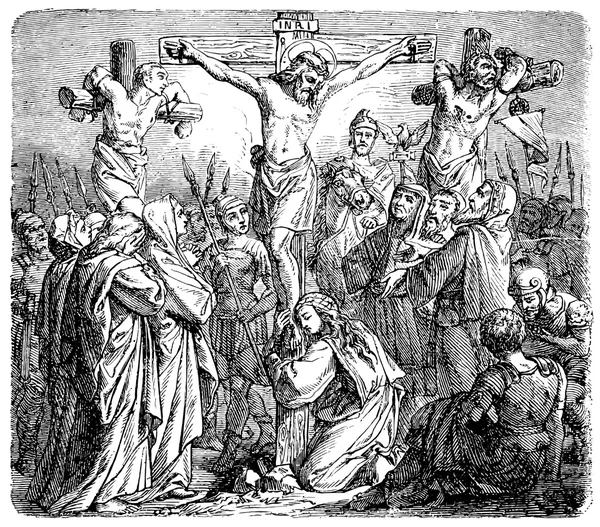 Old engravings. Shows the crucifixion of Christ.