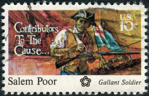 A postage stamp printed in the USA, dedicated to the American Bicentennial Contributors to the Cause, shows Salem Poor