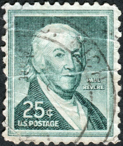 Postage stamp printed in USA, shows a portrait of American silversmith, early industrialist, and a patriot in the American Revolution, Paul Revere