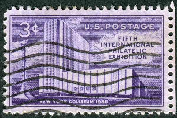 Postage stamp printed in the USA, dedicated to the International Philatelic Exhibition, FIPEX, New York City, shows the New York Coliseum and Columbus Monument