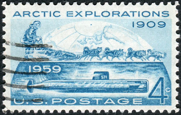 Postage stamps printed in USA, Conquest of the Arctic by land by Rear Admiral Robert Edwin Peary in 1909 and by sea by the submarine \