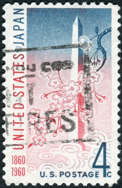 A postage stamp printed in the USA, dedicated to the Centenary of the US-Japan Treaty of Amity and Commerce, shows Washington Monument and Cherry Blossoms