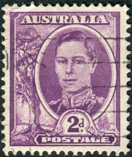 AUSTRALIA - CIRCA 1944: Postage stamp printed in Australia shows King of the United Kingdom and the British Dominions, and Emperor of India, George VI, circa 1944
