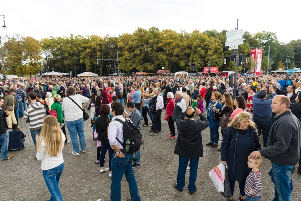 Citizens and guests of the city near the Brandenburg Gate. The Day of German Unity is the national day of Germany