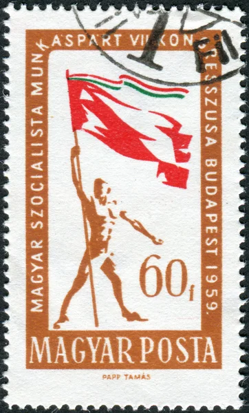 Postage stamp printed in Hungary, devoted to Workers\' Party Congress in Hungary, shows a man with a flag