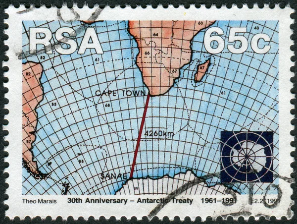 Postage stamp printed in South Africa, devoted to 30th anniversary of Antarctic Treaty, shows Weather Maps sea area between South Africa and Antarctica