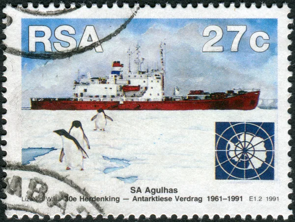 Postage stamp printed in South Africa, devoted to 30th anniversary of Antarctic Treaty, shows a ice-strengthened training ship and former polar research vessel S.A. Agulhas