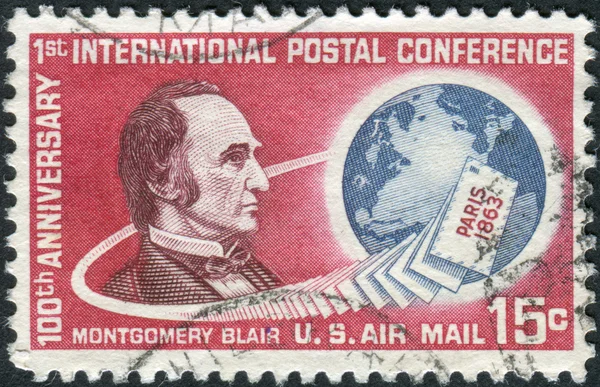 Postage stamp printed in the United States, dedicated to the 100th anniversary of the first international postal conference in Paris, shows a portrait of Montgomery Blair and Globe