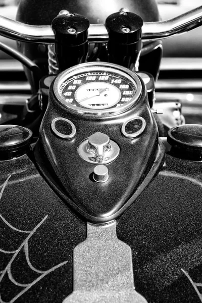 The dashboard and fuel tank motorcycle Harley Davidson Custom Chopper, black and white