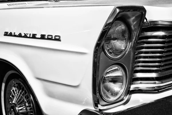 Detail of the front of the full-size car Ford Galaxie 500 (Third generation), black and white