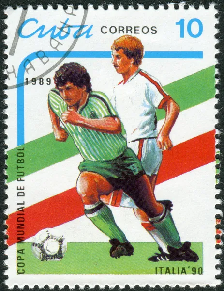 Postage stamp printed in Cuba, devoted to World Cup Football Italy 90, shows football players