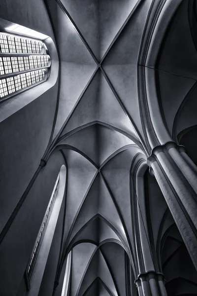 Ceiling coving in the Gothic style, St. Mary\'s Church (Marienkirche) at Alexanderplatz. Black and white. Stylized film. Large grains.