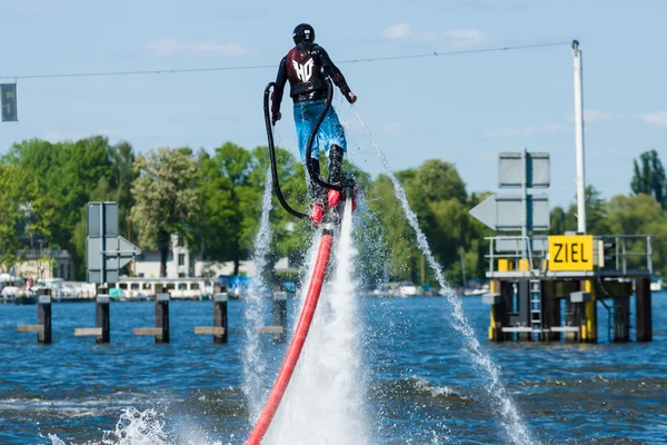 Demonstration performance at Flyboard. 2nd Berlin water sports festival in Gruenau.