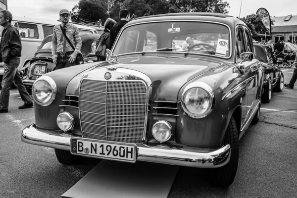 BERLIN, GERMANY - MAY 17, 2014: Compact executive car Mercedes-Benz 190 (W121). Black and white. 27th Oldtimer Day Berlin - Brandenburg