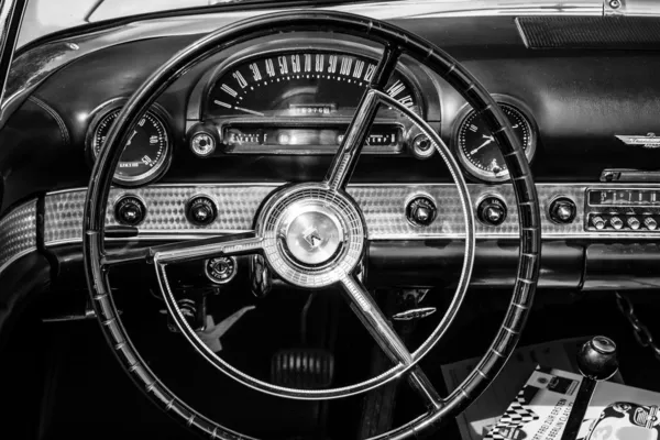 BERLIN, GERMANY - MAY 17, 2014: Cabin of the personal luxury car Ford Thunderbird (first generation). Black and white. 27th Oldtimer Day Berlin - Brandenburg