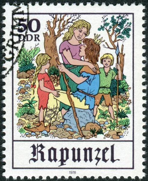 Postage stamp printed in Germany, shows a scene from a fairy tale by the Brothers Grimm, Rapunzel