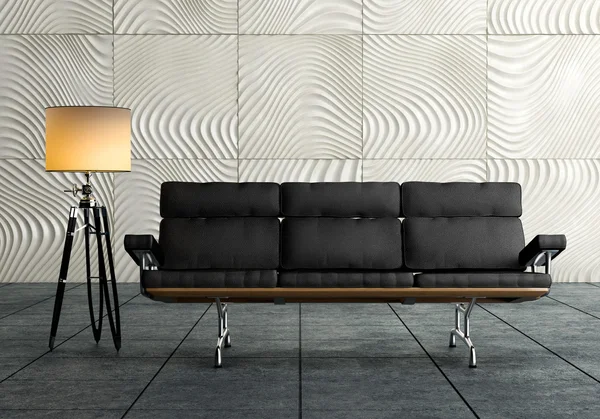 A modern brown sofa and lamp against concrete background on woo