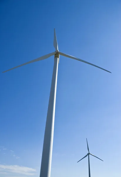 Power Generating Windmills Against the Blue Sky in a Field
