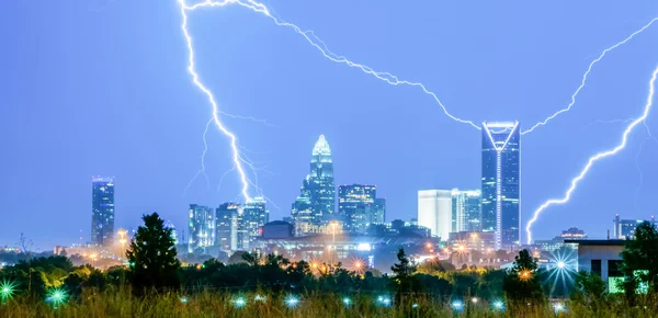 Thunderstorm lightning strikes over charlotte city skyline in no