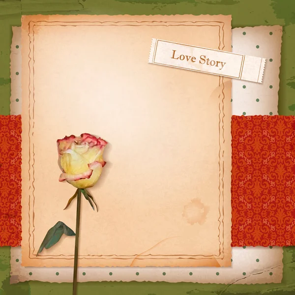 Scrapbook retro design with grunge paper background, dried flower (rose), vintage wallpaper pattern, sketch frame, old ticket with text \'Love Story\'