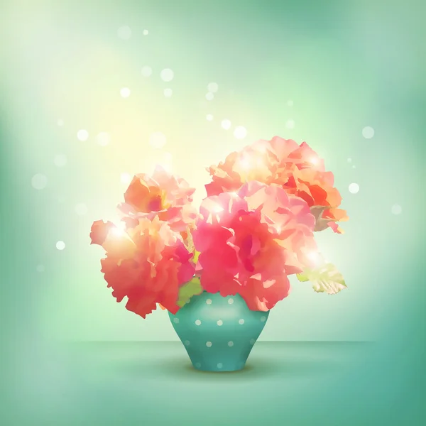 Shining flowers roses (peonies) in vase. Romantic vector floral background with blinding light, pink flower bouquet, bokeh