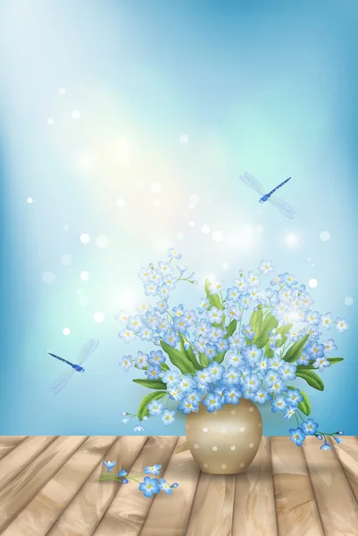 Spring blue flowers dragonflies on wood background