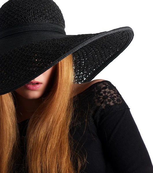 Closeup portrait of a fashion model in black hat