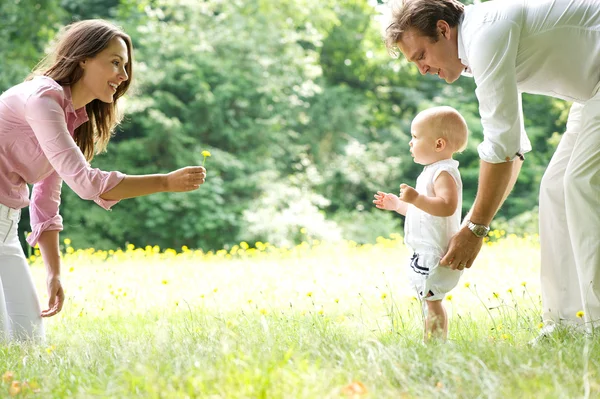 Happy young family teaching baby to walk