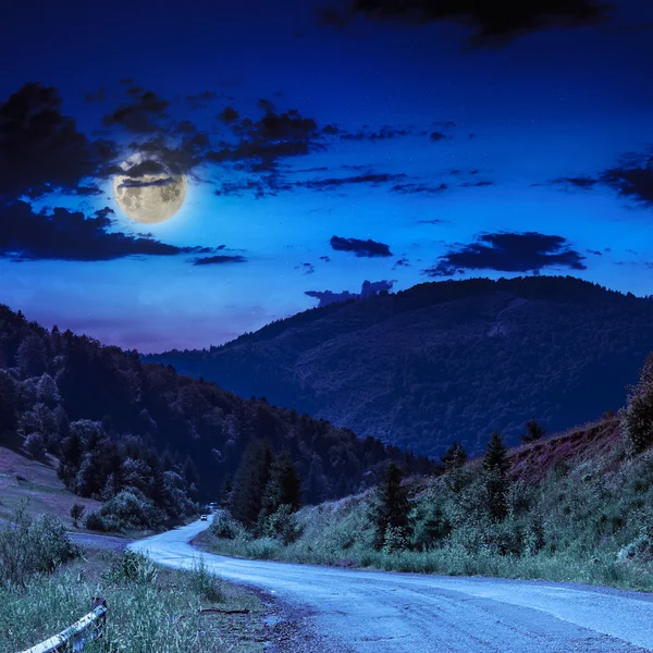 Mountain road near the coniferous forest with cloudy moon sky