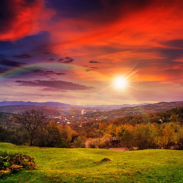 Village on hillside meadow with forest in mountain at sunset