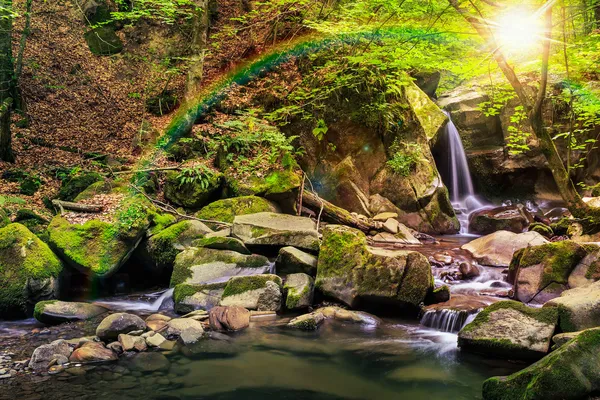 Beautiful waterfall comes out of a huge rock in the forest