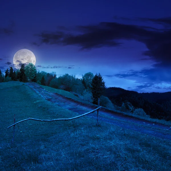Path on hillside meadow in mountain at night