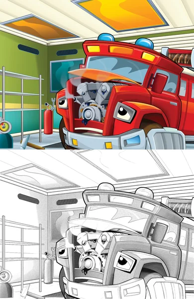 Fire truck. Artistic coloring page out of cartoon style