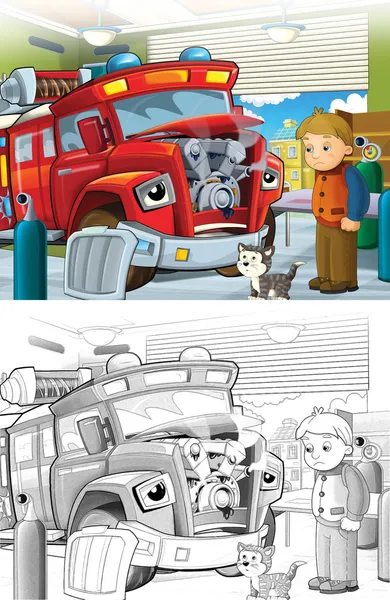 Fire truck. Artistic coloring page out of cartoon style