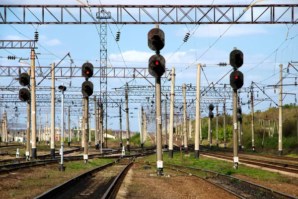 Railway traffic lights show a stop signal