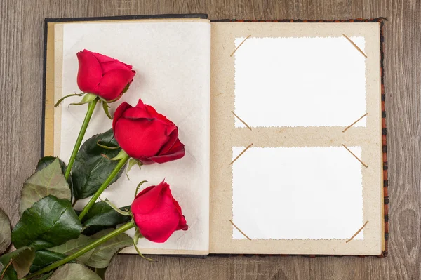 Photo album and roses on wood background