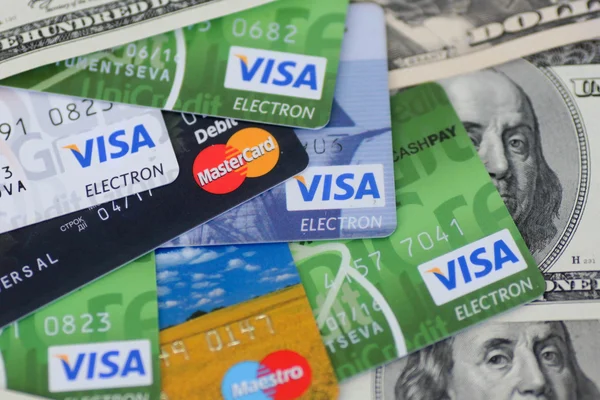 UKRAINE - on May 8: Heap of credit cards, Visas and MasterCard,