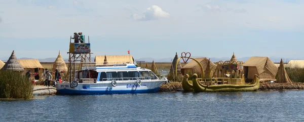 Lake TIticaca tourist boat and totora boat at reed island