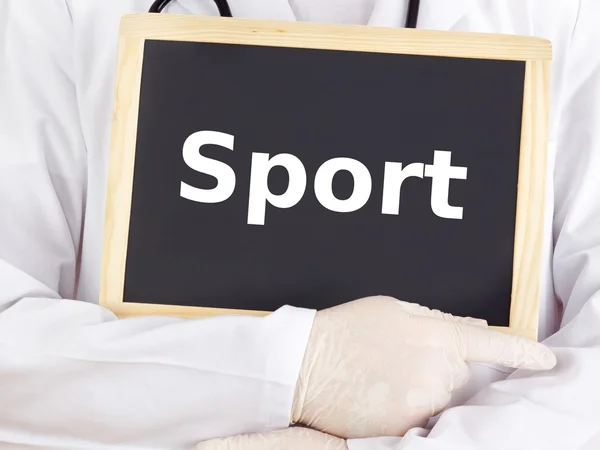 Doctor shows information on blackboard: sport