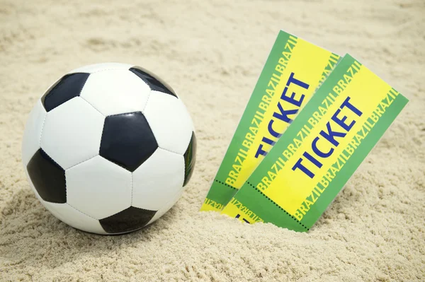 Two Tickets and Football Soccer Ball on Brazilian Beach