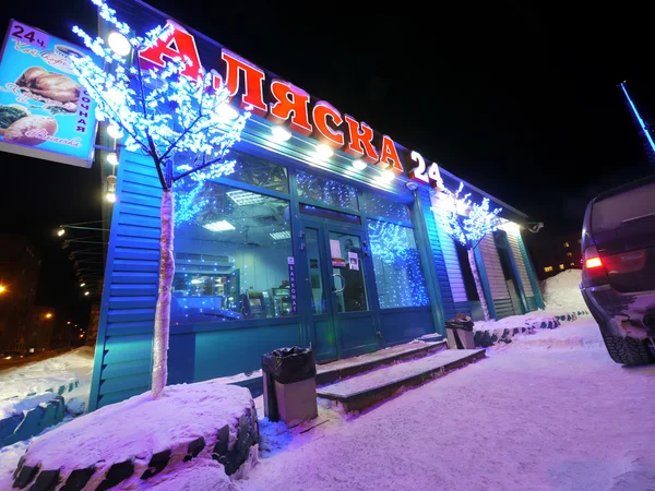 New Year - a holiday in Nadym, Russia - February 25, 2013. Festive street decorations. Beautifully illuminated building and trees. Far north, Nadym.