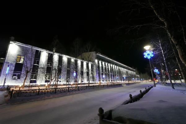 New Year - a holiday in Nadym, Russia - February 28, 2013. Festive street decorations. Beautifully illuminated building and trees. Far north, Nadym.