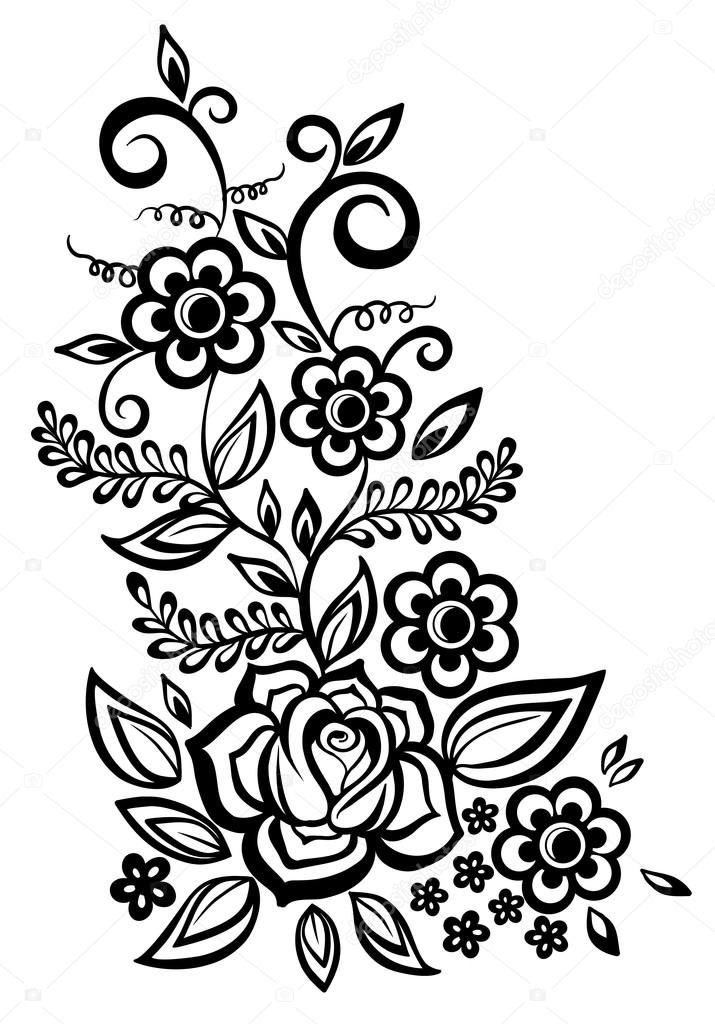 Jpeg Illustration Retro Black And White Floral Design Black And White Flowers And Leaves Floral Design Element
