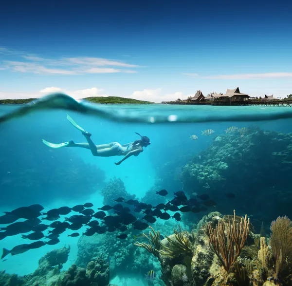 Young woman snorkeling in the coral reef in the tropical sea against the backdrop of the islands