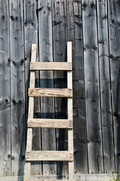 Old wood ladder leaning over a grey wooden wall. — Stock Photo #34759711