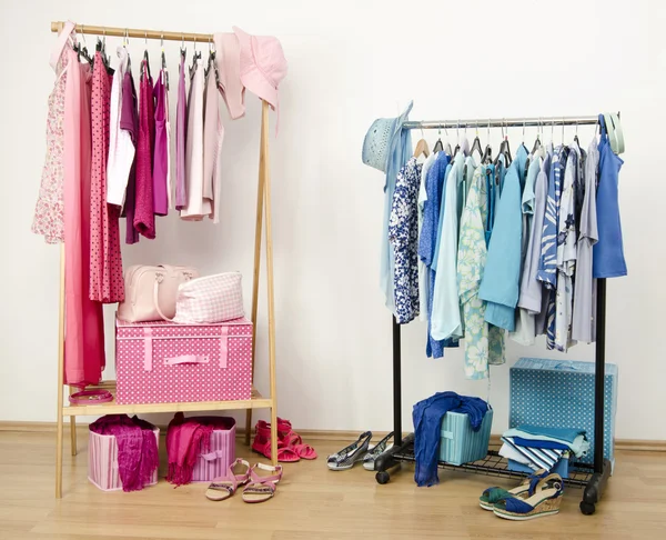 Dressing closet with pink and blue clothes arranged on hangers.