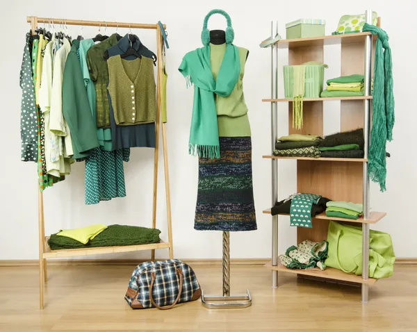 Dressing closet with green clothes arranged on hangers and shelf, autumn outfit on a mannequin.