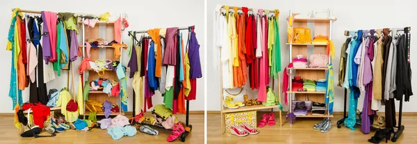 Wardrobe before messy after tidy arranged by colors.