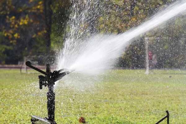 Sprinkler head watering the grass in sport field.