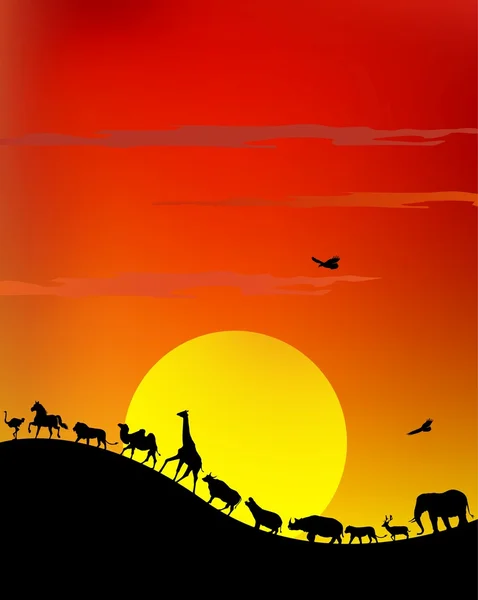 Silhouette of safari animal wildlife with giant sun background